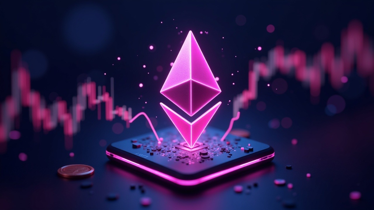 Neon Ether logo with inflow arrows converging into a glowing core over a blurred market, 2300-2400 range.