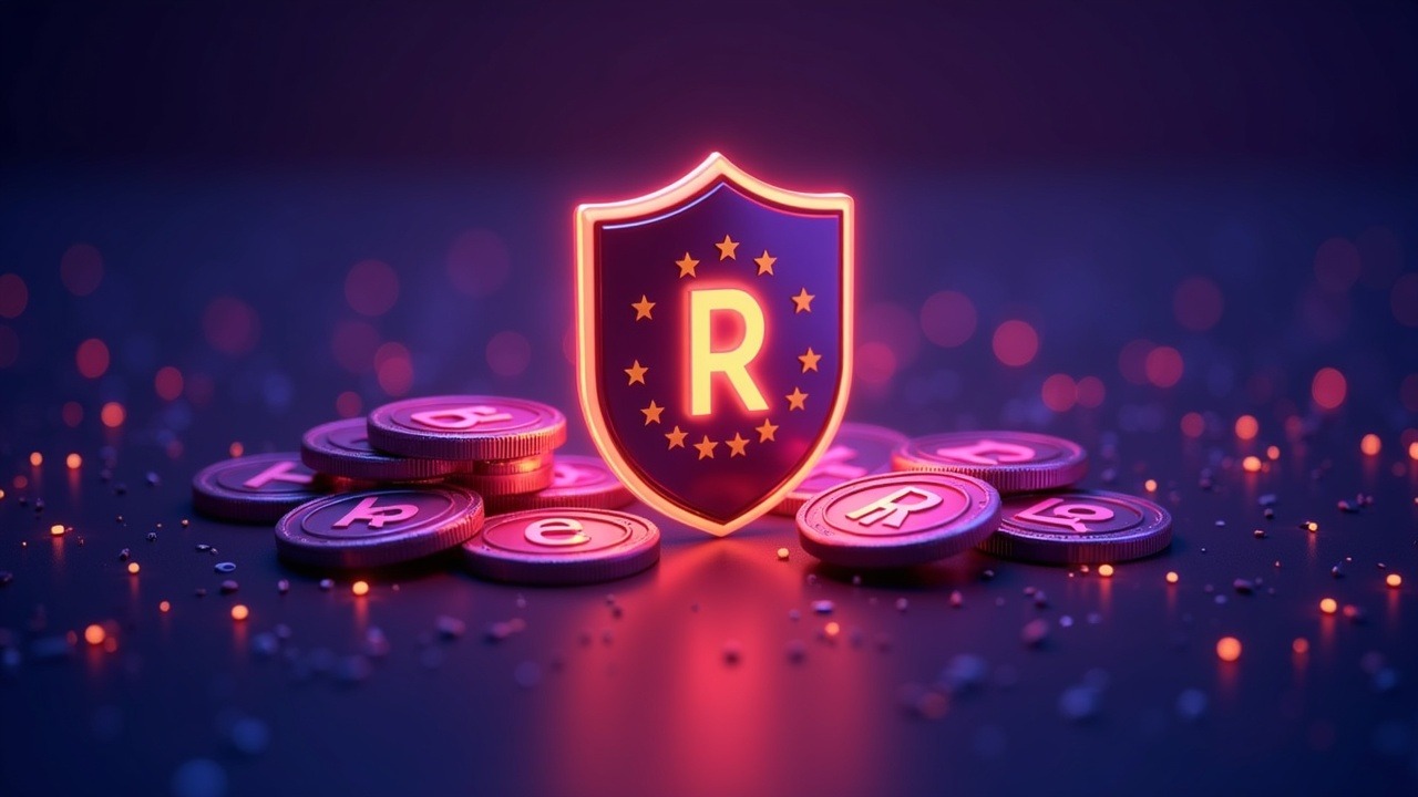Neon illustration of ruble-linked crypto tokens halted by a glowing EU shield, with central crypto icons and a soft digital background.