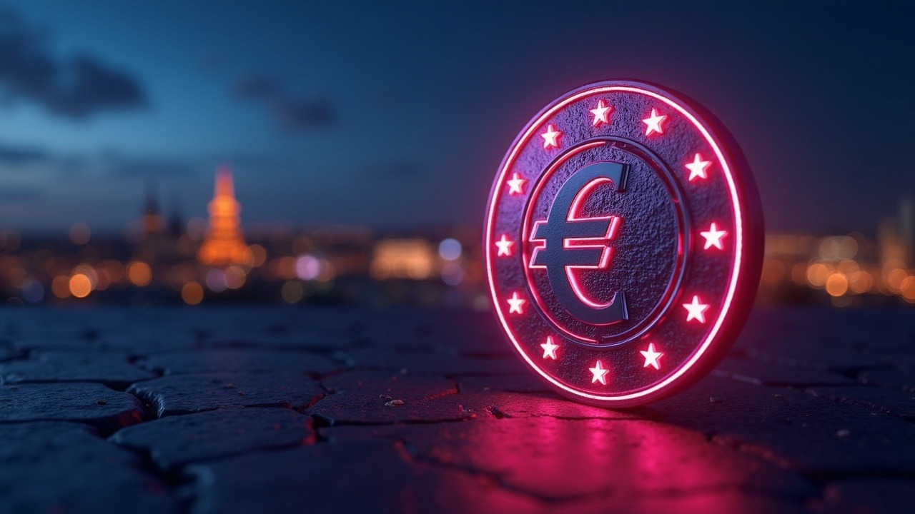 Neon-lit euro shield blocks non-euro stablecoins; Bank of France skyline in distance, illustrating tighter MiCA controls.