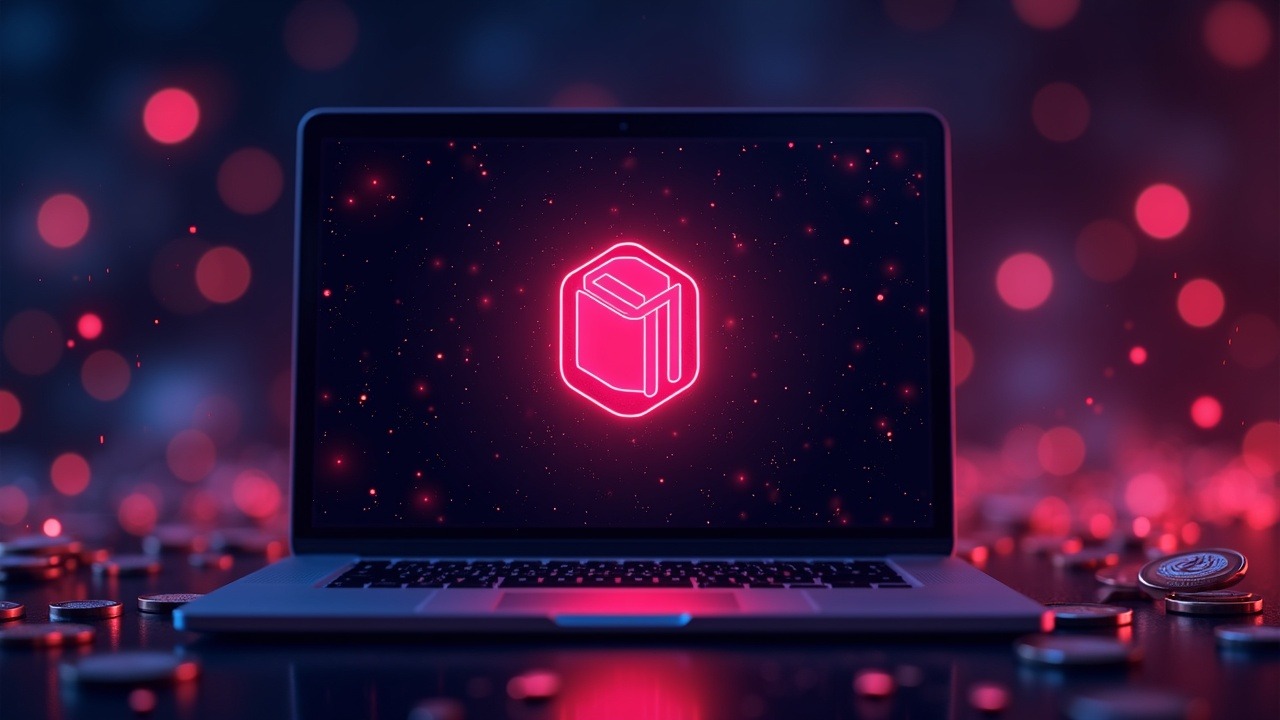 Neon-lit MacBook screen with corrupted Ledger Live icon, red alert, and crypto coins slipping away.