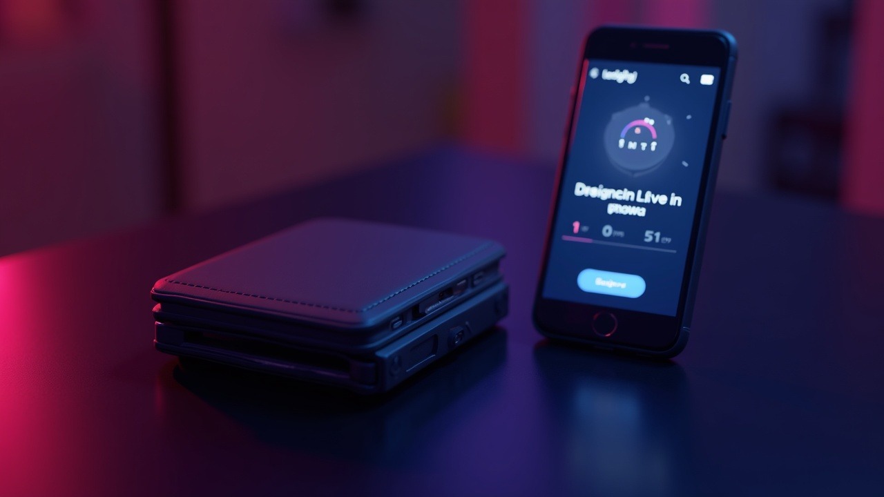 Neon-lit scene with a Ledger wallet beside a shadowy counterfeit Ledger Live app on a phone, seed phrase risk