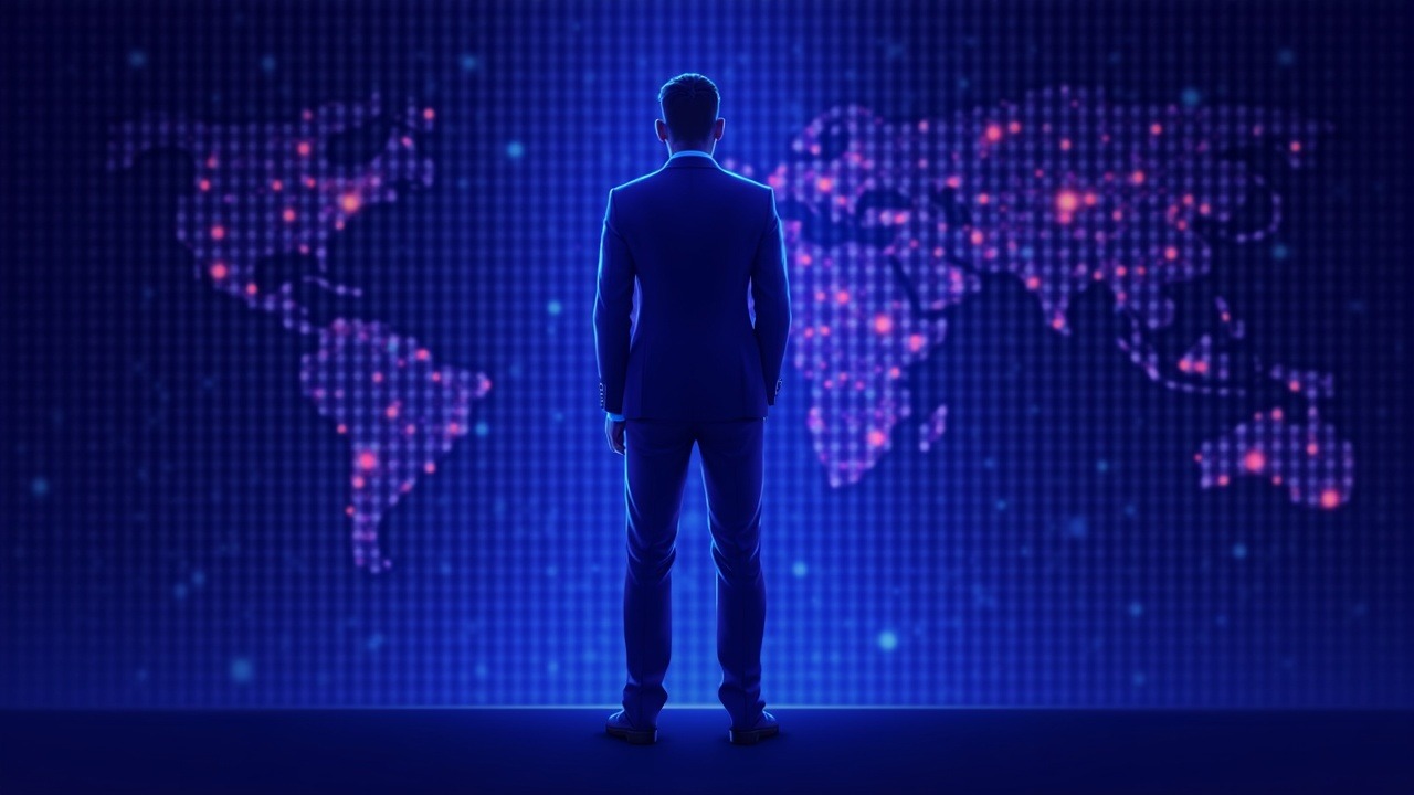 Neon illustration of a former regulator as a crypto and AI advisor, central silhouette with blockchain and neural-net imagery.