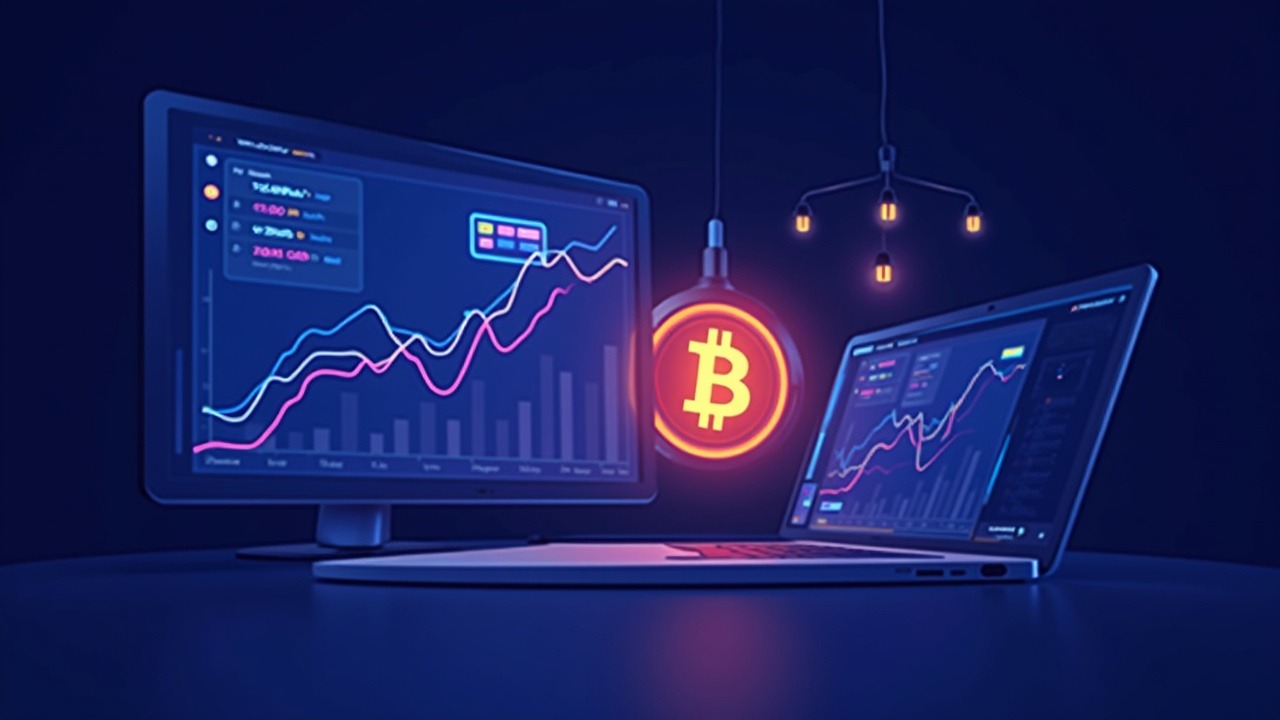 Neon Bitcoin symbol with yield curves and call options over a sleek institutional desk, in blue-cyan-purple glow.