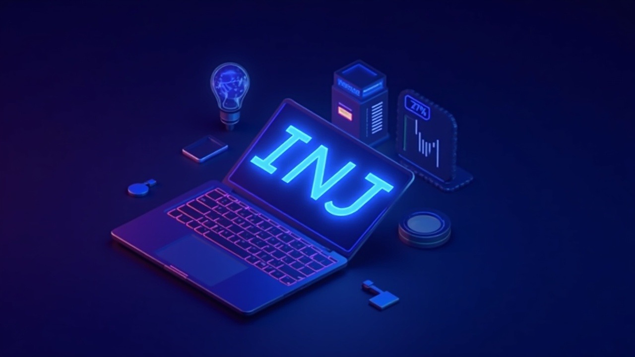 Neon illustration of a glowing INJ futures contract on a regulated U.S. venue, with on-chain order book visuals and blue-purple lighting.