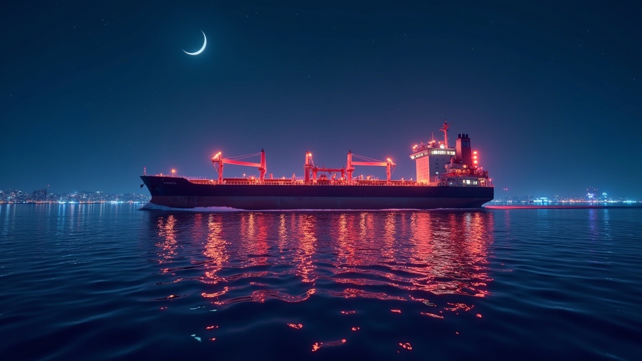 Neon-lit oil tanker in a digital Strait of Hormuz with Bitcoin and crypto wallet glow, illustrating crypto tolls amid sanctions.