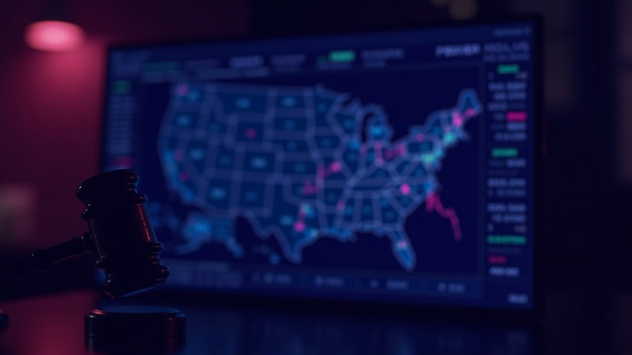 Neon Kalshi prediction market dashboard on screen, gavel and US map highlighting federal vs state jurisdiction.