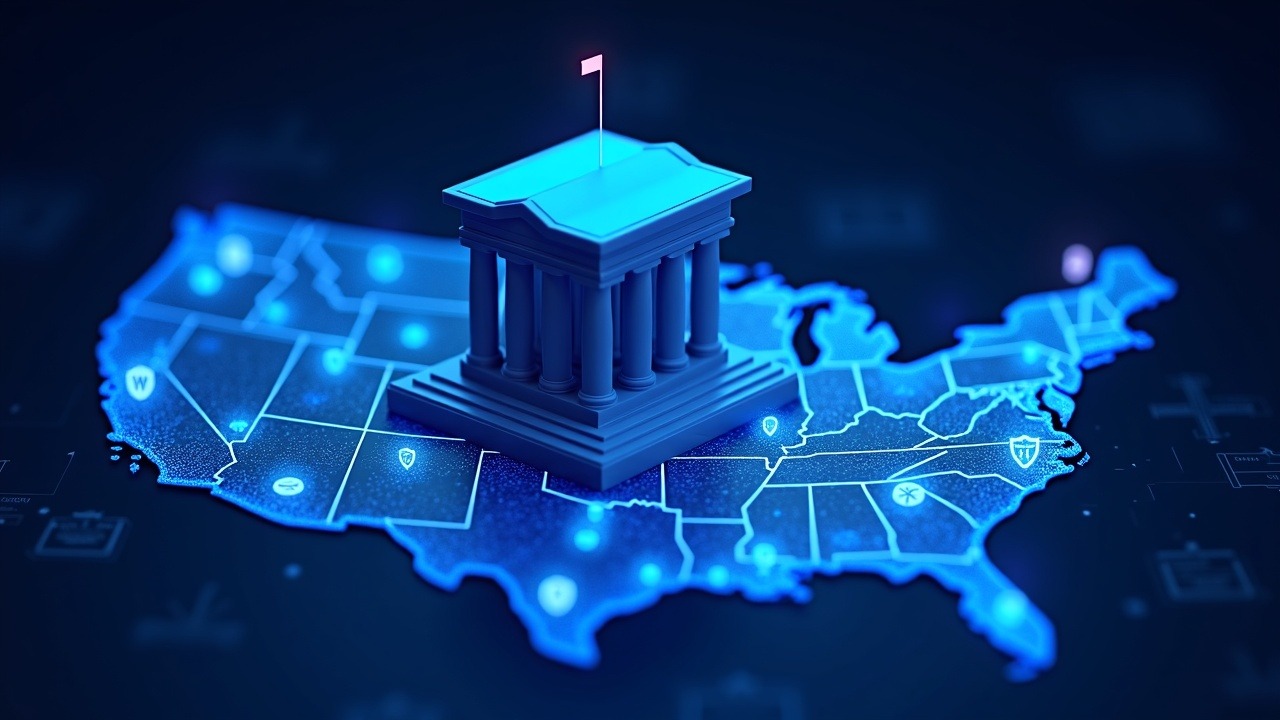 Futuristic courthouse towers over a holographic U.S. map, symbolizing federal preemption in Kalshi prediction markets.