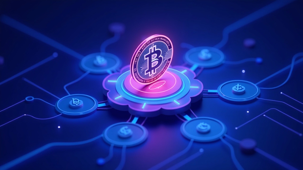 Neon 3D Bitcoin ETF launch: central coin connected to wealth hub, blue/purple glow.