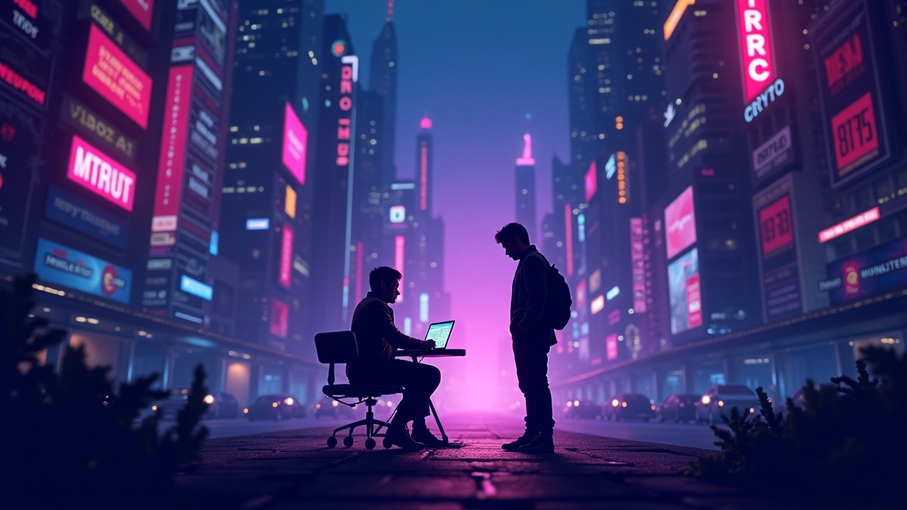 Neon-lit scene: teen fintech app, influencer silhouette facing a regulator, with crypto motifs and a futuristic city backdrop.