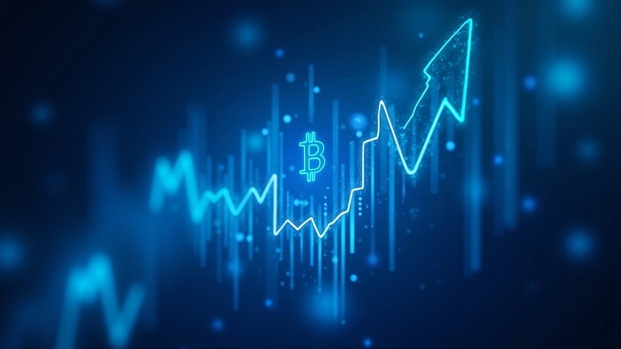 Neon crypto illustration of Bitcoin symbol integrated with ETF arrows, blue glow, subtle 3D depth for a professional crypto newsroom.