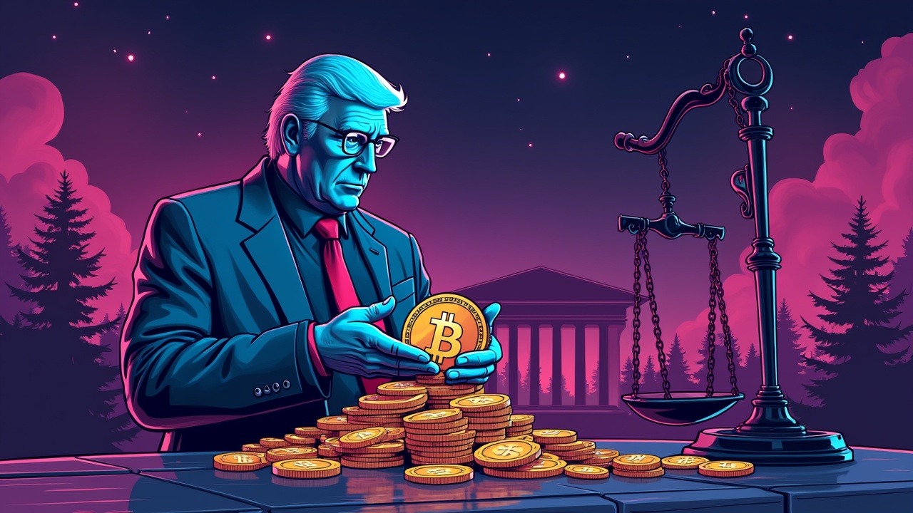 Neon crypto crime scene: central figure laundering Bitcoin into fiat amid flowing coins, gavel, and futuristic city backdrop.