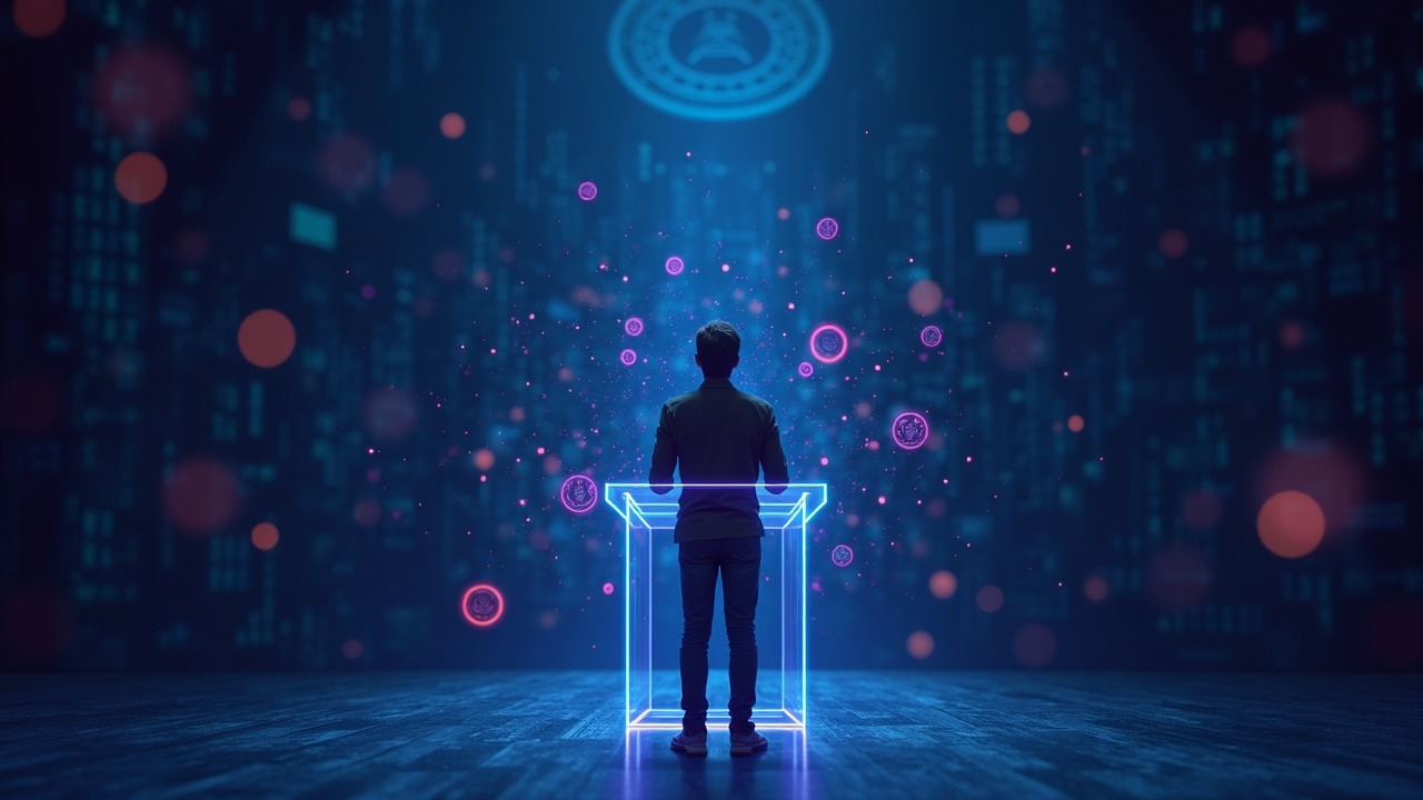 Neon-lit crypto founder at a glass podium as regulatory docs dissolve into digital code against a decentralization backdrop.