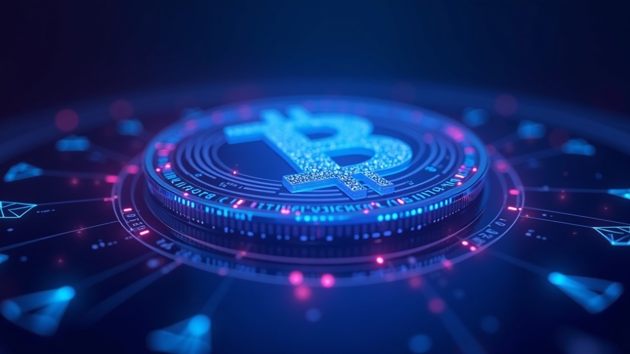 Neon crypto header with a central transparent ledger, hidden market-maker terms, blue-cyan-pink glow, and subtle 3D depth.