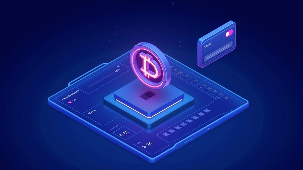 Neon-lit illustration of a Bitcoin-native finance platform with central BTC symbol, custody vaults and a spending card.