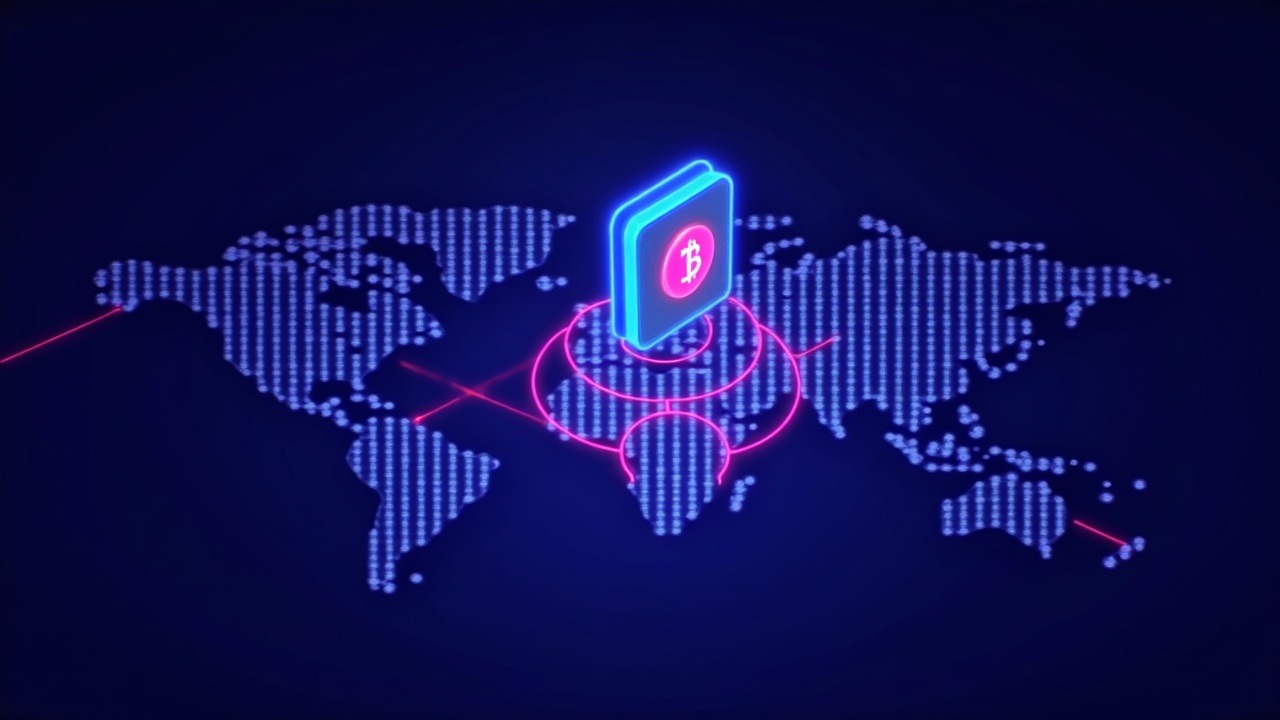 Neon cyber illustration of a crypto wallet, glowing network across a globe, and a law enforcement shield halting phishing.