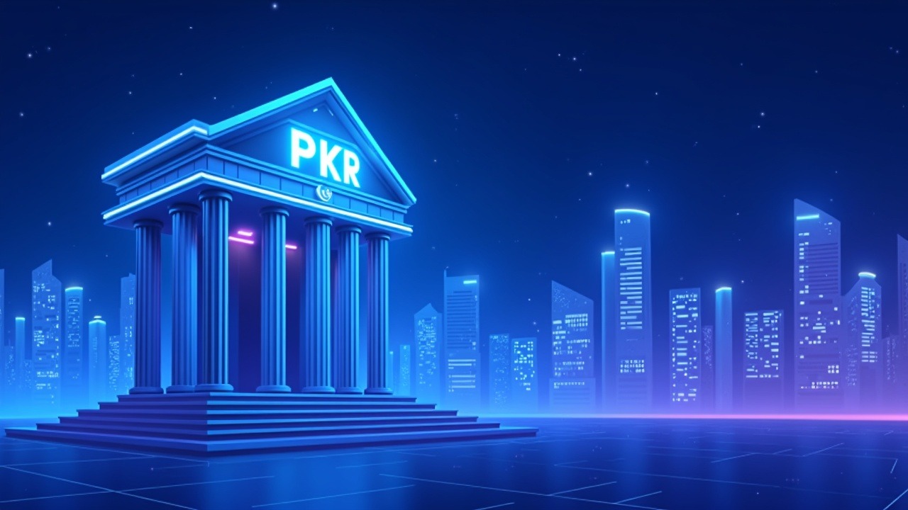 Neon-lit scene of a licensed VASP gaining PKR banking access, glass banks, and a blue-cyan Pakistan skyline.