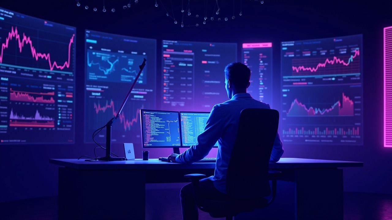 Neon blue-purple illustration of a Bloomberg-style prediction markets terminal with professional traders and a market-making desk.