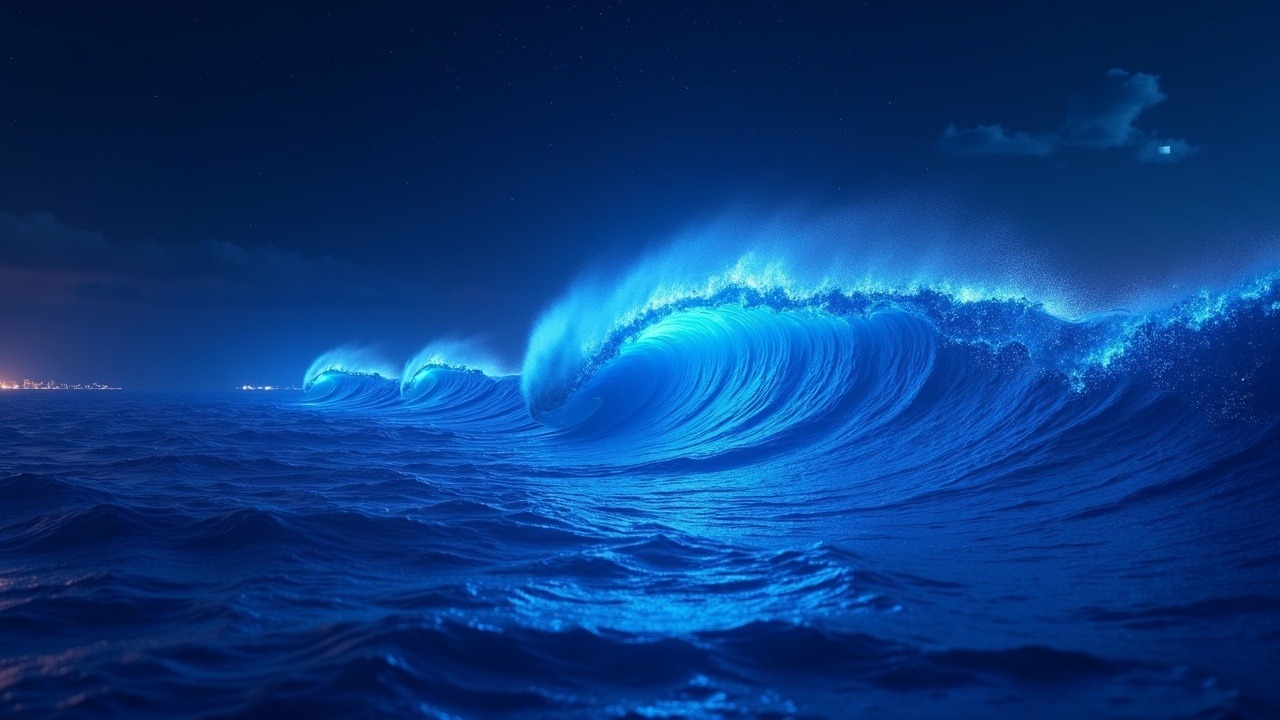 Neon-lit, hyperrealistic blockchain wave forming the Pacific Ocean, symbolizing Pharos mainnet launch and compliance.
