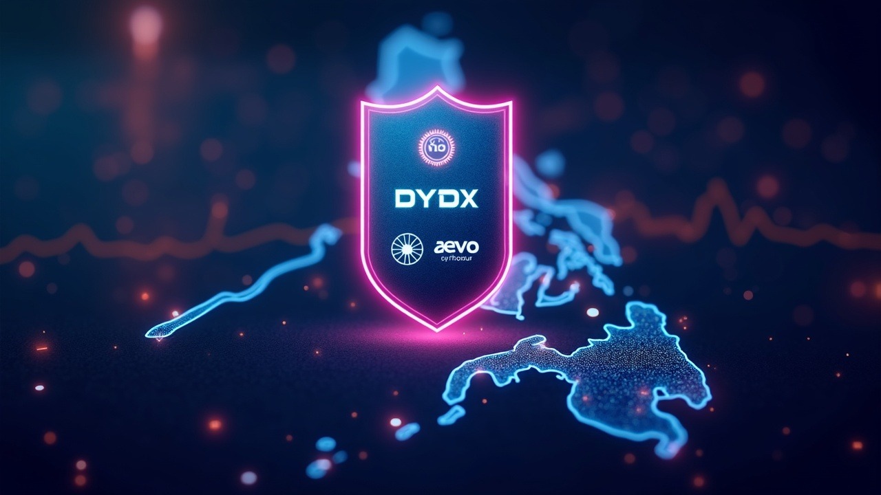 Neon-lit shield stops offshore crypto platforms (dYdX, Aevo, Orderly) over a map of the Philippines, in a futuristic scene.