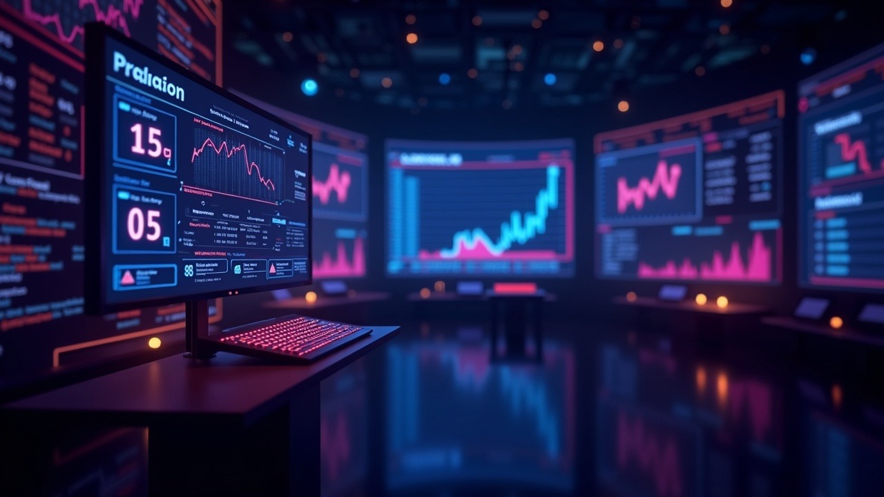 Neon-lit Polymarket hub with on-chain prediction screens, rising fees chart and hybrid order-book glow.