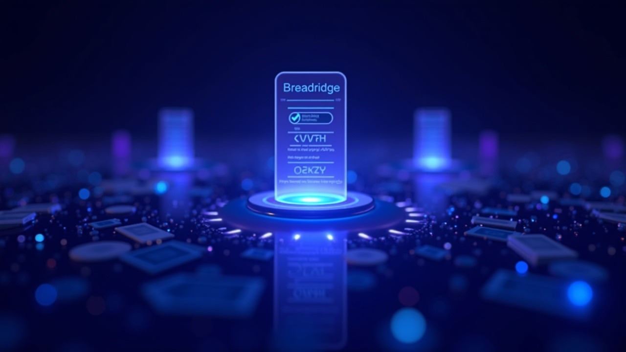 Glowing tokenized stock receipts on a blockchain with a central Broadridge proxy voting interface in a neon-lit 3D scene