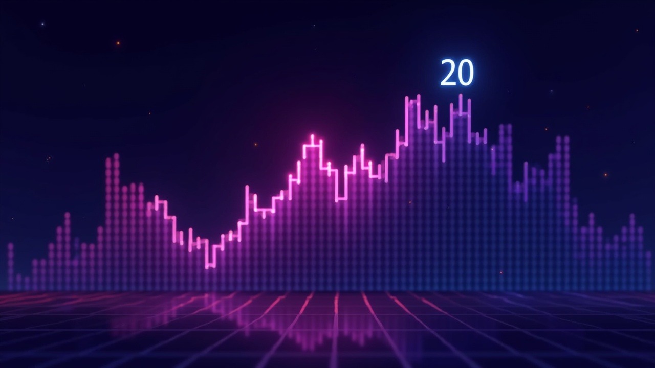 Neon crypto price chart with a double peak near 20 and risk to 15.34, central token icon.