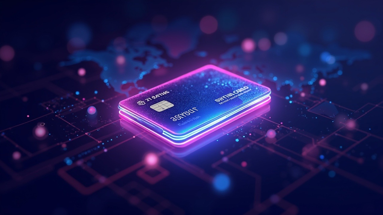 Neon crypto artwork featuring a futuristic payment card, holographic wallet, USDC on Sui, and a glowing world payouts map.