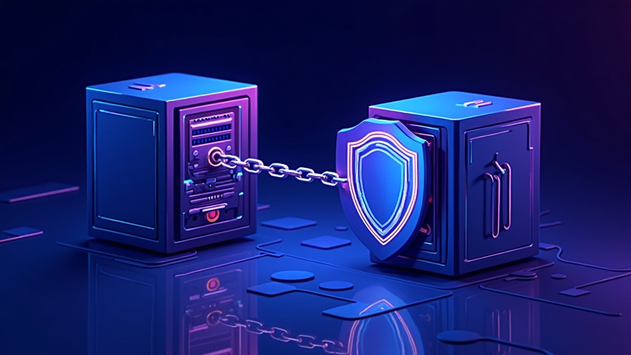 Neon crypto scene: server vault chained to a regulatory shield with a Russia silhouette, signaling crackdown.