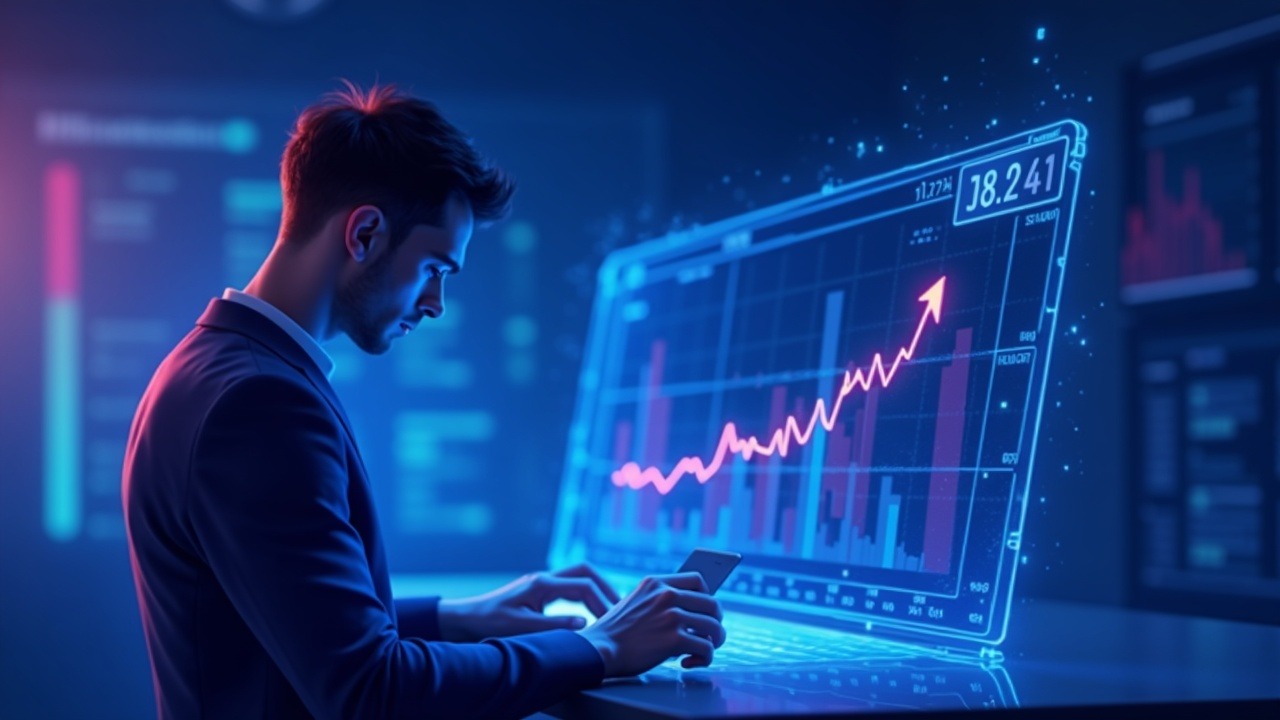 Analyst reviews a holographic enforcement data dashboard displaying a sharp decline, glowing neon crypto backdrop.