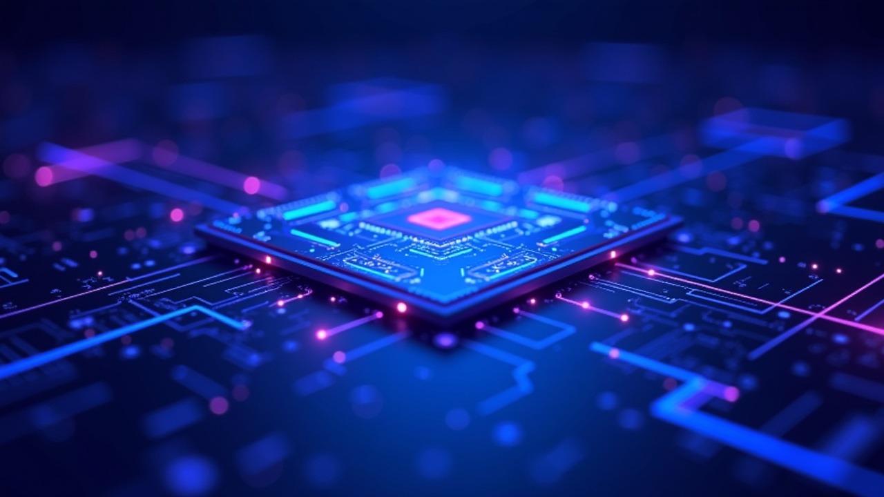 Neutral self-custodial crypto interface routing trades with objective defaults; neon blue and purple glow.