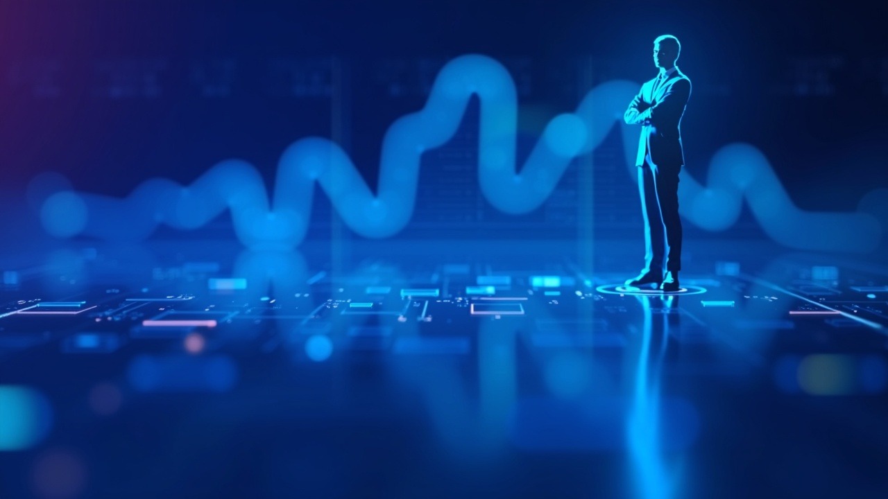 Neon, high-tech illustration of tokenized assets bridging regulated markets, featuring a leadership figure and blue glow.