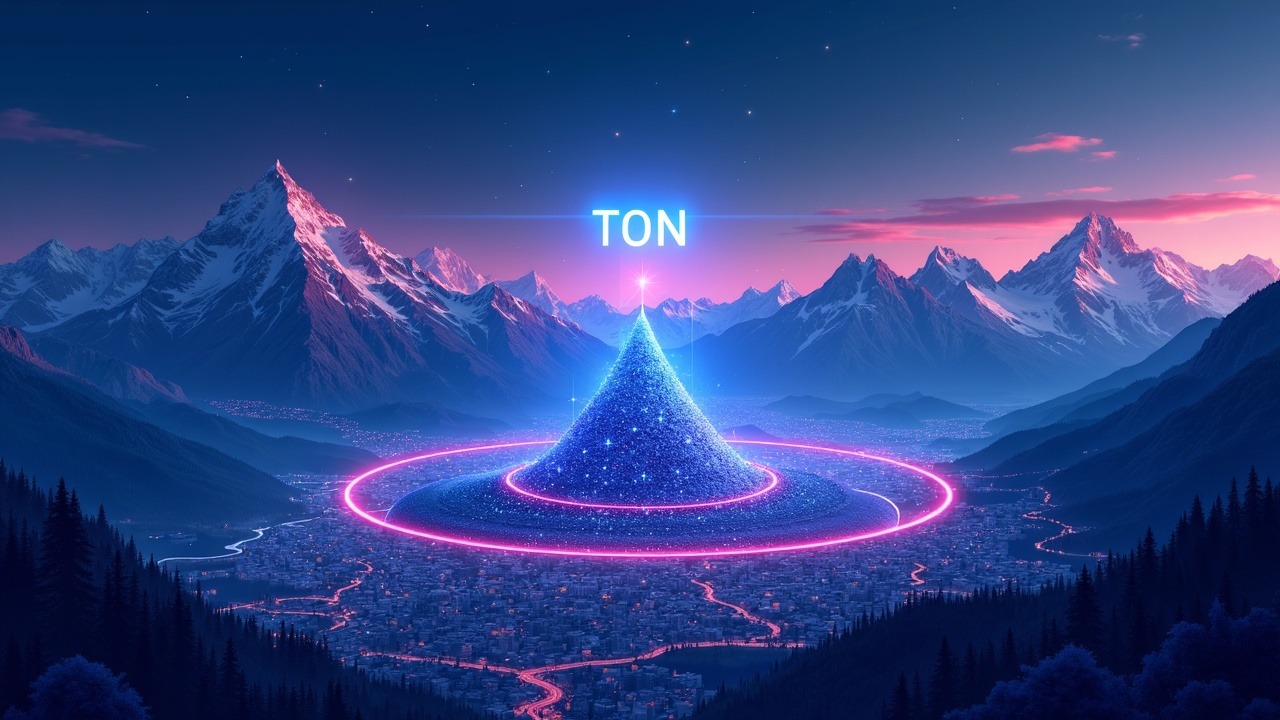 Neon illustration of Switzerland's Crypto Valley with the Alps and a TON node orbiting a blockchain network.