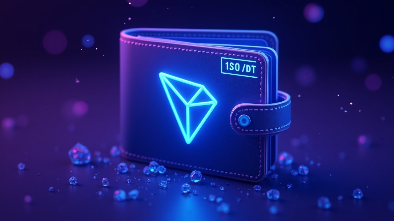 Neon crypto illustration of a Tron wallet freezing USDT with blue-purple glow and an OFAC stamp.
