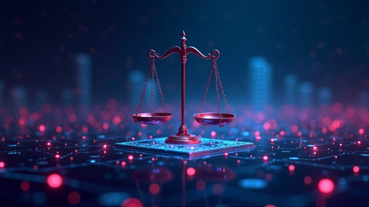 Neon-lit futuristic scene showing a fractured smart contract locking tokens with scales of justice over a blockchain.