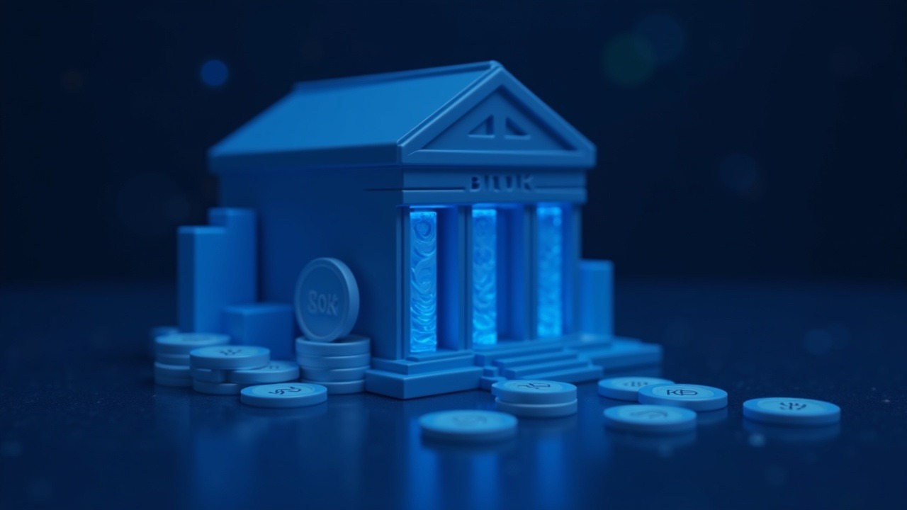 Illustration of bank-backed tokenized deposits on a distributed ledger with neon blue lighting near a government building