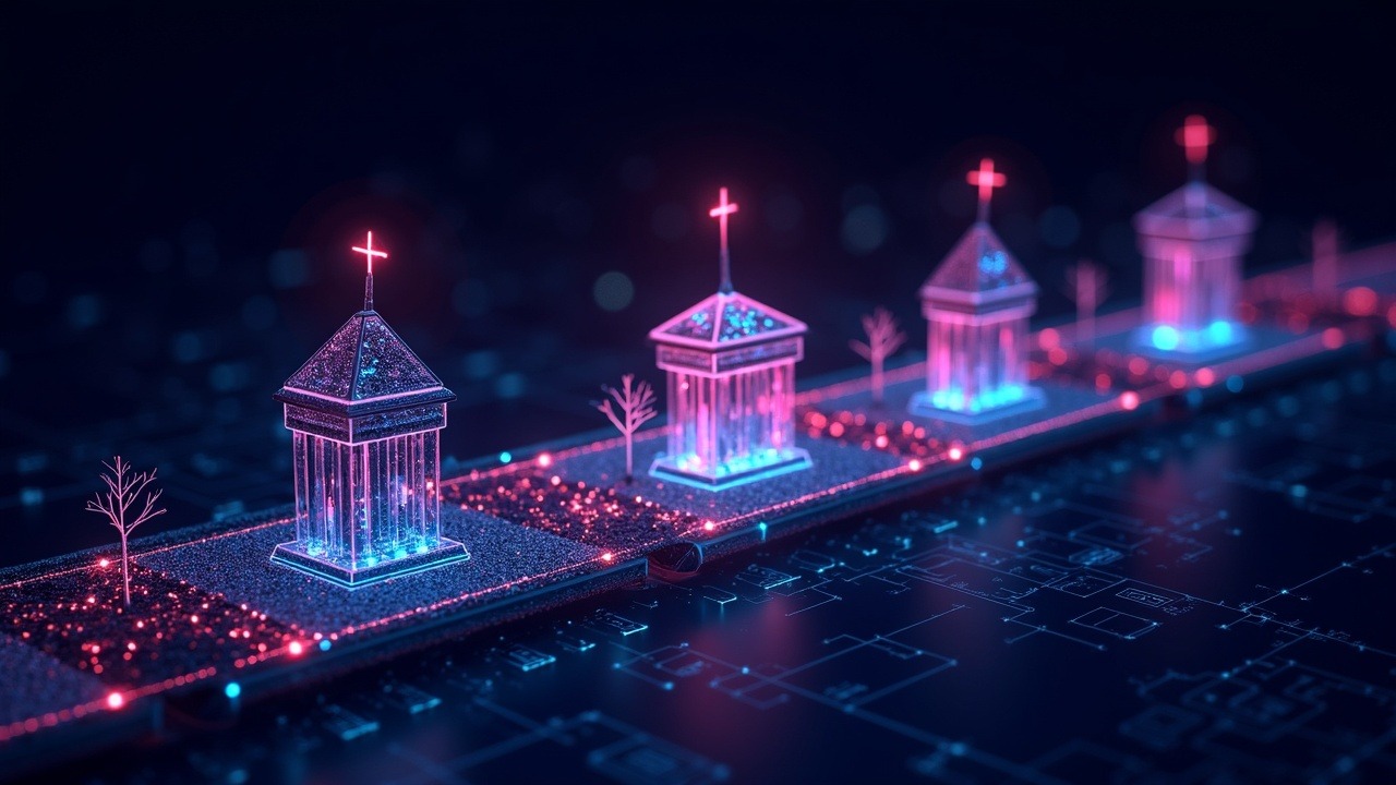 Neon-lit illustration of UBS-led CHF stablecoin sandbox with banks on digital rails and programmable payments