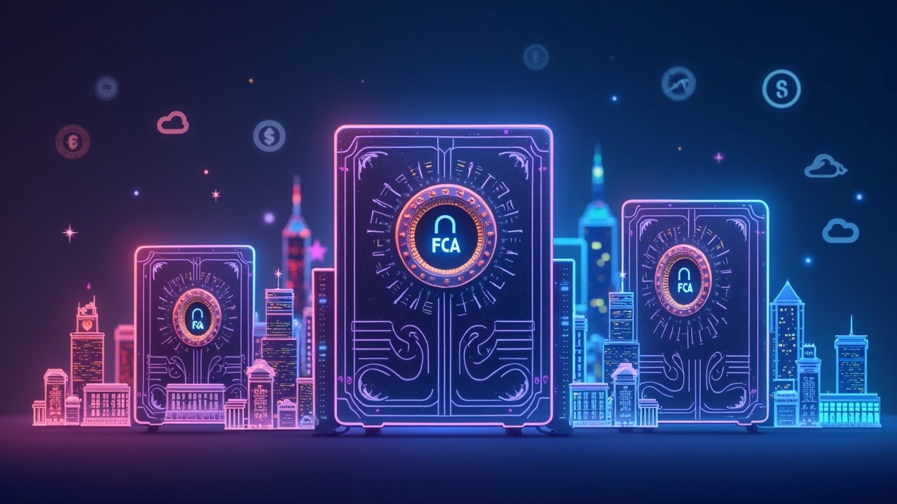 Neon cityscape with FCA seal, secure crypto vaults, stablecoins and CATPs icons illustrating UK crypto regulation.