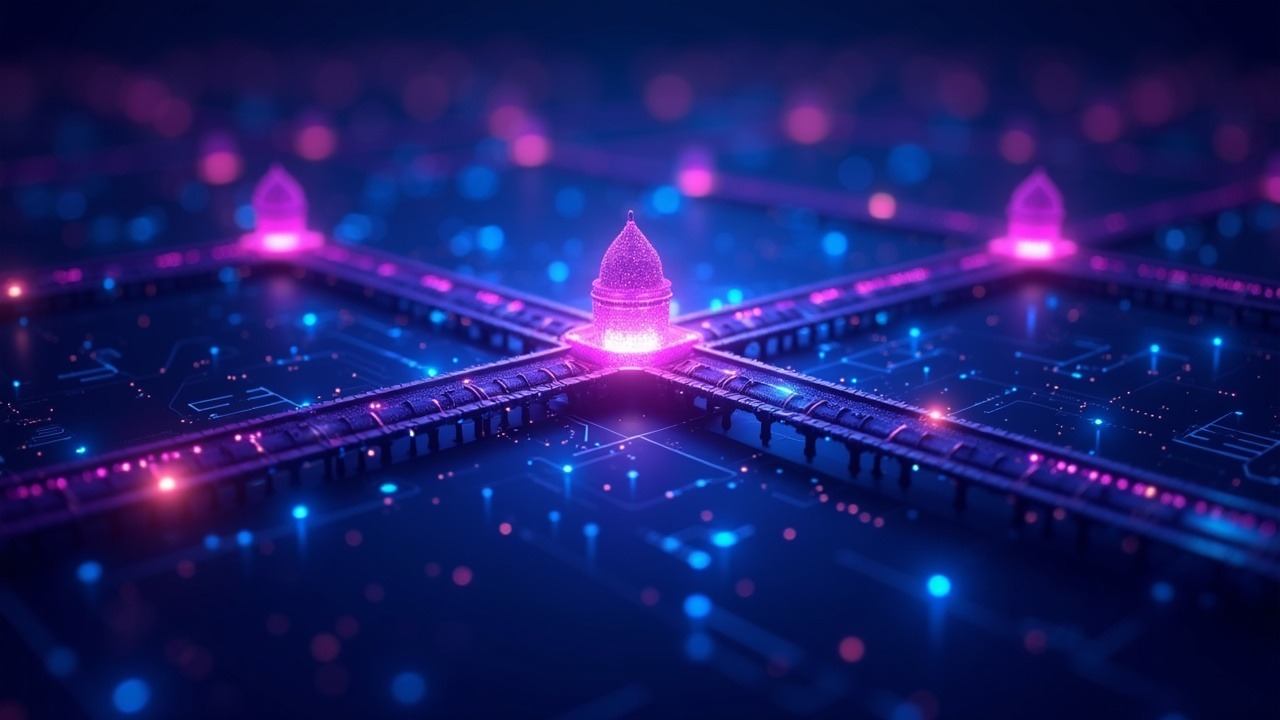 Neon illustration of a hub connecting multiple blockchain networks with glowing nodes in cyan, blue, pink and purple.