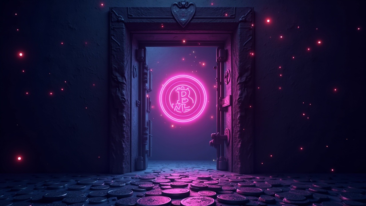 Neon-lit tokens glow by a vault door as shadowy insiders face scrutiny, signaling risk in WLFI governance.