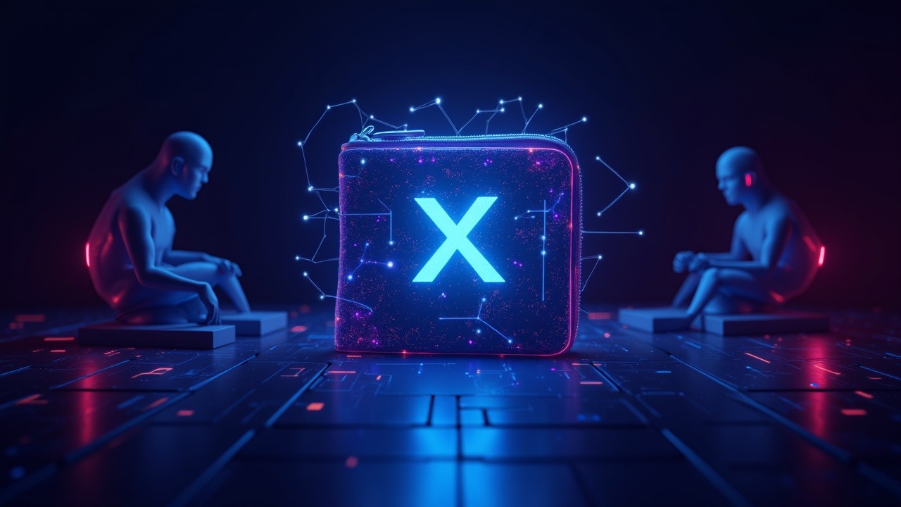 Neon cyber wallet labeled X Money with abstract regulators and glowing data streams signaling regulatory scrutiny.