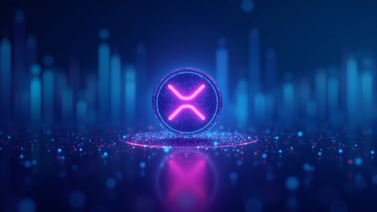 Neon XRP coin center with shrinking supply bar, ETF outflows and whale accumulation, blue glow.