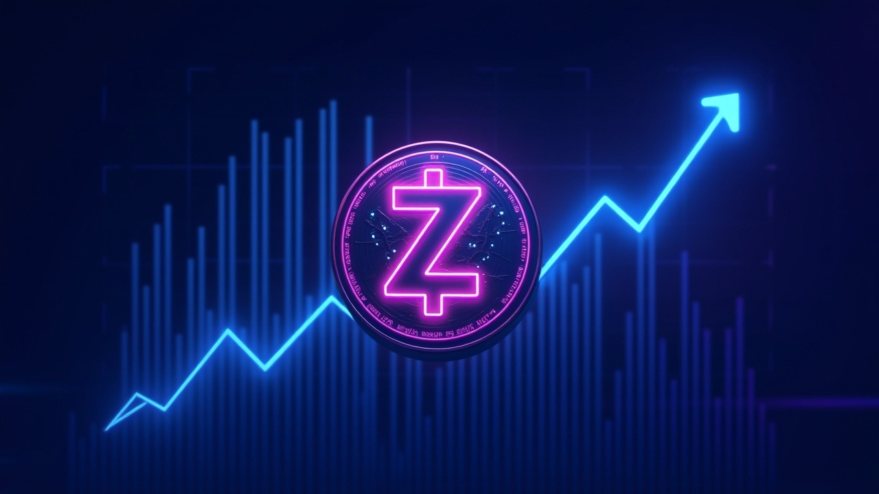 Neon illustration of Zcash breaking above $300, highlighting top addresses and rising futures open interest.