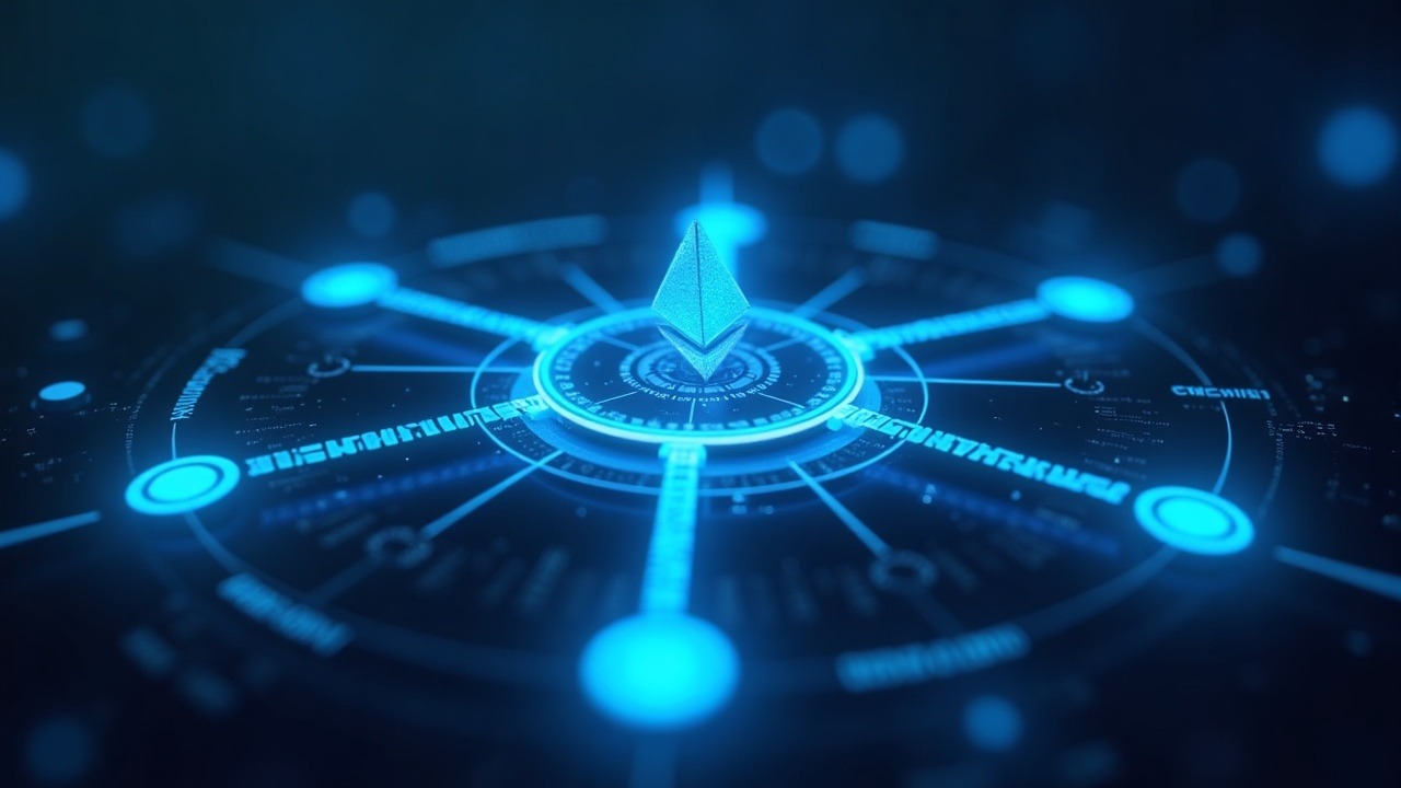 Futuristic illustration of Aave V4 Ethereum liquidity hub with neon blue spokes around a central hub on a bokeh background.
