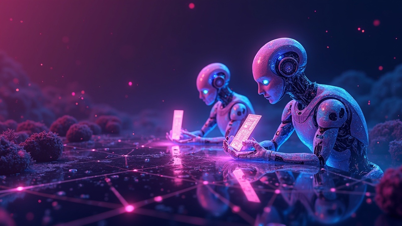 Neon-lit scene of AI agents making micro payments in stablecoins to an edge network in a sleek, futuristic crypto aesthetic.