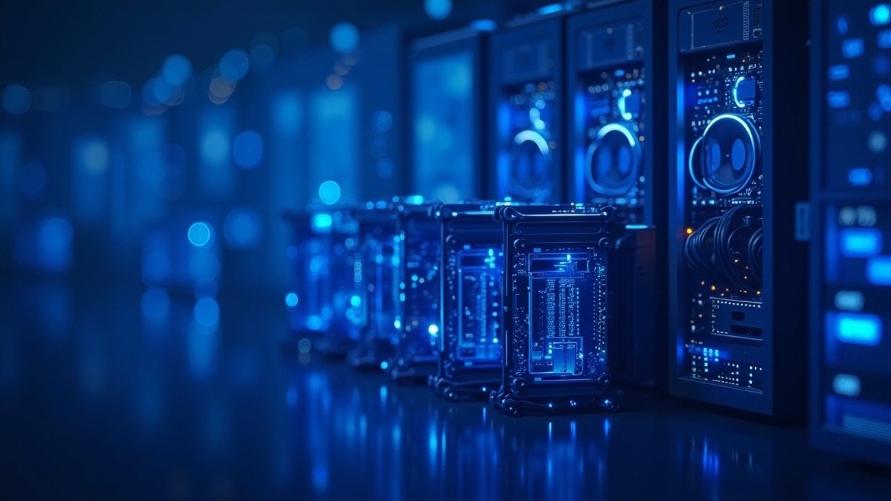 Neon-lit illustration of Bitcoin mining rigs with glowing ASICs in blue, hyperrealistic 3D, central hardware focus.