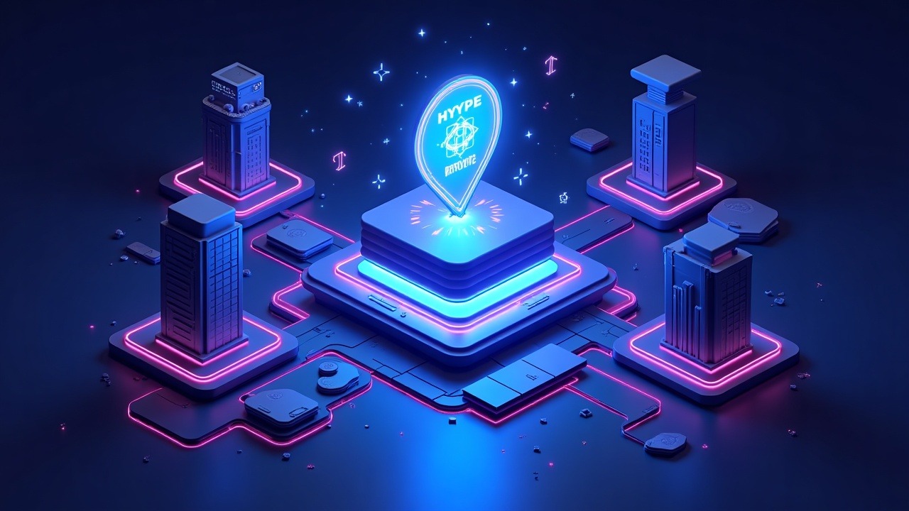Neon illustration of a central wallet releasing HYPE tokens with institutional silhouettes staking on-chain.