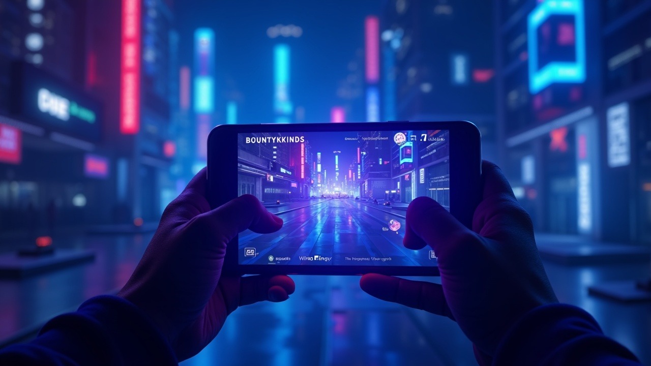Hyperreal neon crypto game concept showing Beta Version 8 on a device with BOUNTYKINDS branding and futuristic city backdrop.