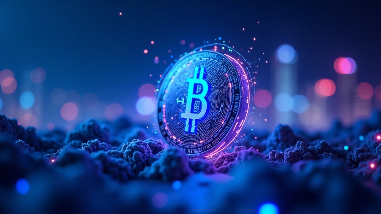 Glowing crypto coin at center with circuitry motif, price near $80k, and Hong Kong AI IPOs in soft blue-cyan-purple glow.