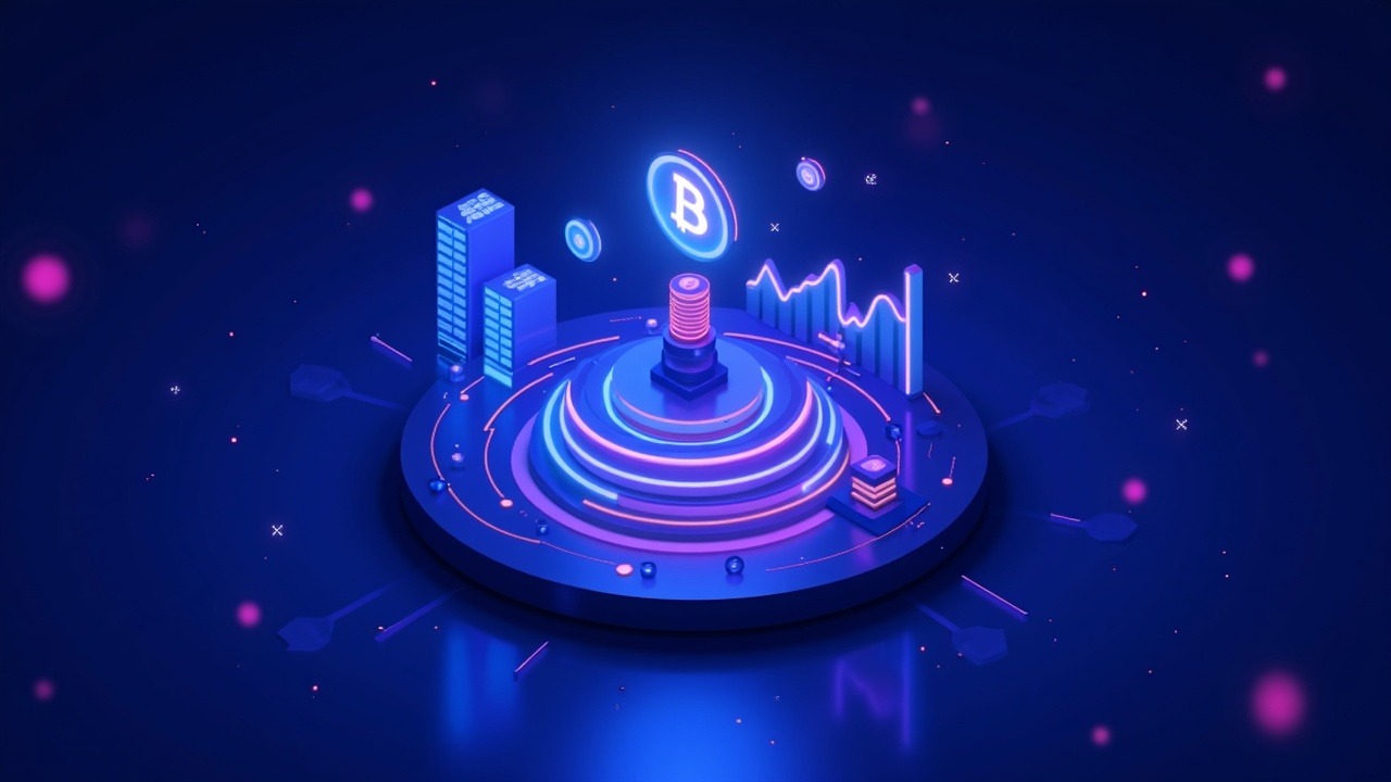 Neon-lit crypto exchange hub with AI overlays, shrinking five-layer org chart, volatile graph, and central coin emblem.