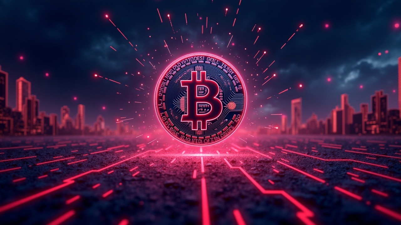 Neon crypto illustration of Bitcoin and tokens under macro and geopolitical pressure with red lines and skyline.